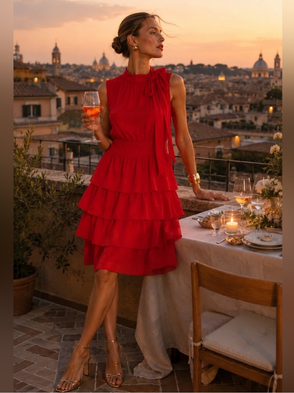 Anthropologie Girls From Savoy 100% Silk Red Tiered Bow Cocktail Dress